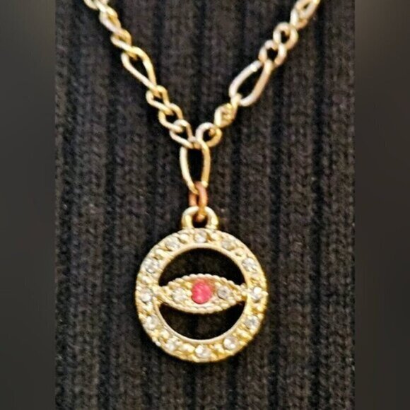 Gold Tone Double Strand Necklace w/ Red Evil Eye Pendant - Picture 5 of 7